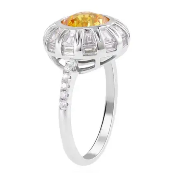 Lustro Stella Yellow and White CZ Halo Ring in Platinum over Sterling Silver - Picture 4 of 8